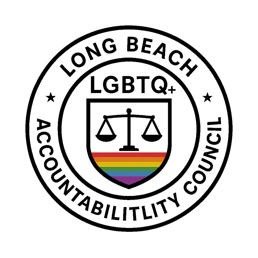 Long Beach LGBTQ+ Accountability Council Official Seal - Updated design with scales of justice on rainbow pride flag shield